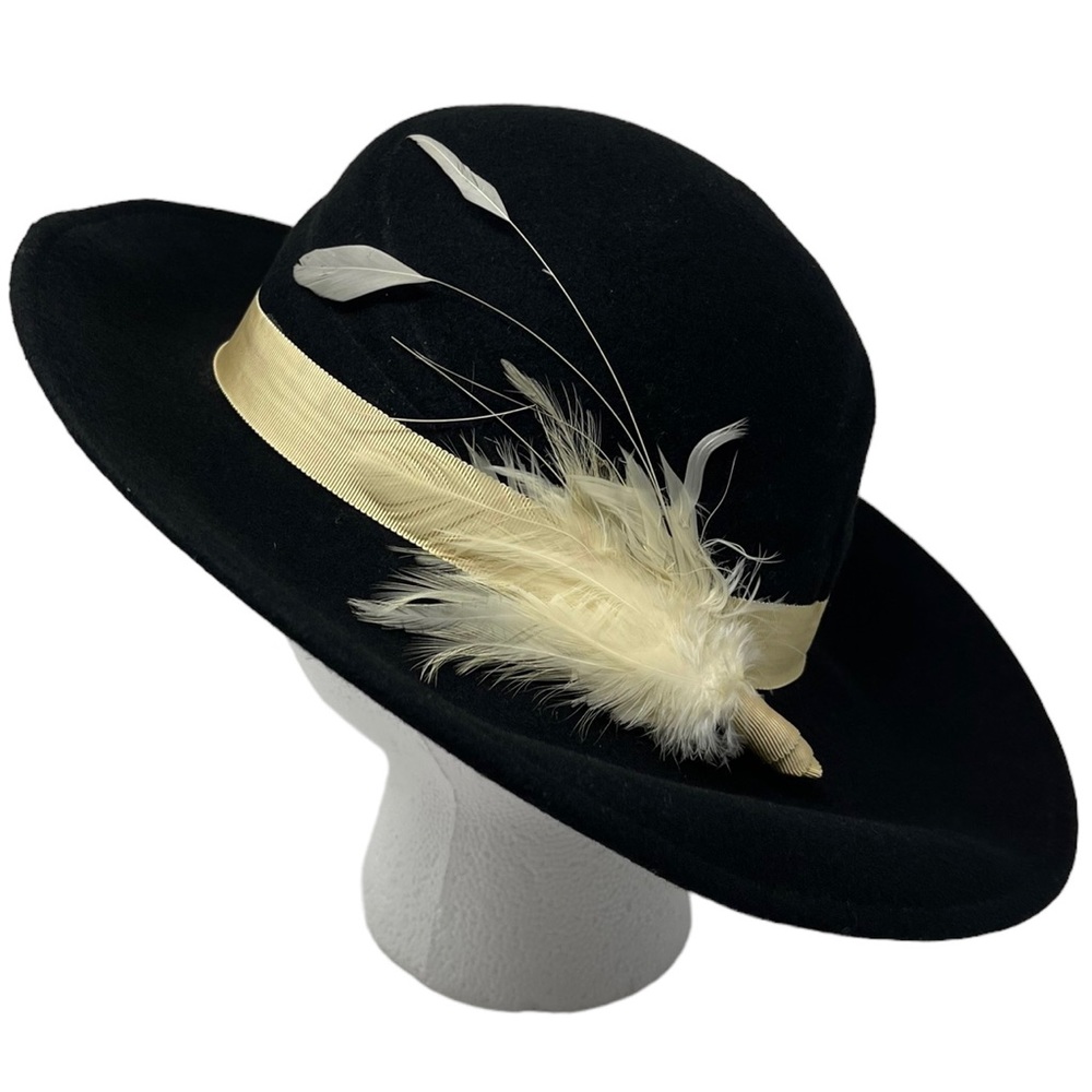 Vintage Ladies Hat Black Doeskin Felt Fedora And Feathers Made In USA